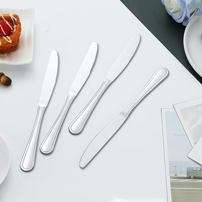 Dinner Knives Set of 24, 9” Knives Set, Butter Knife with Pretty Line Handle, Sharp Knife Set, Food Grade Stainless Steel Table Knife, Silverware, Dishwasher Safe & Mirror Polished