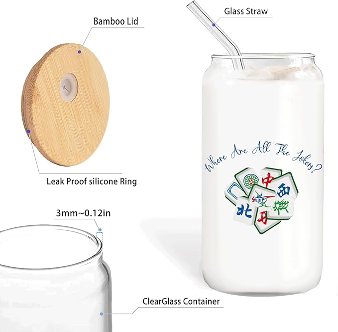 Chinese Mahjong Glass Cup with Lids and Straws 14oz, Gifts for Mahjong Players Lovers, Mah Jong Accessories Glass Iced Coffee Tumbler Drinking Jars with Cleaning Brush