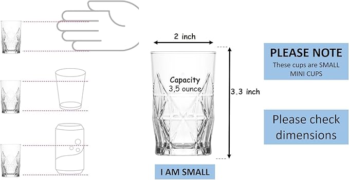 BOHEM'S Small Juice Glasses, Mini Clear Glass Cups Tumblers, Drinking Glassware for Orange Juice, Water, Milk, Coffee, Perfect for Tasting and Small Portions, Set of 6, (3.6 oz)