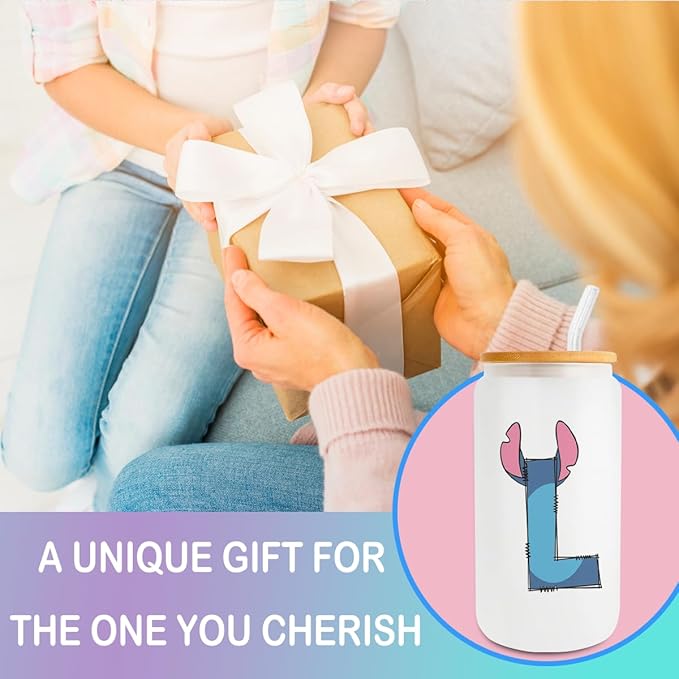 Cute Cartoon Lover Gifts Initial A-Z Personalized Iced Coffee Cup Cartoon Merch 16oz Glass Cup with Lid and Straws Birthday Christmas Gifts for Women Teen Girls Fans (Letter L)