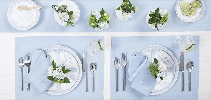 Solino Home Linen Sky Blue Table Runner 156 Inches Long - 100% Pure Linen Extra Long Table Runner 14 x 156 Inch for New Year - Classic Hemstitch