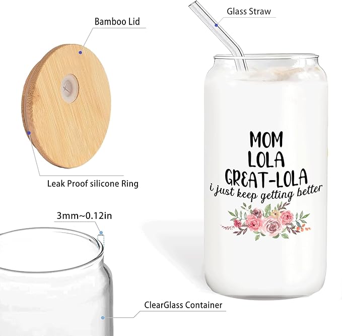 Christmas Grandma Gifts For Grandma Mom Lola Great Lola Glass Coffee Cup With Lid And Straws 14oz - christmas Glass Cup gifts For Grandmother
