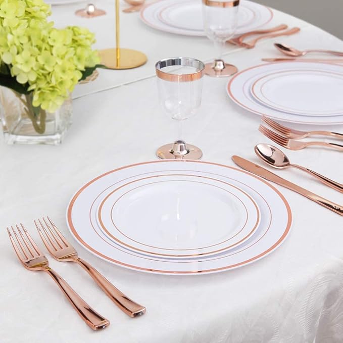WDF 300 Pieces Rose Gold Plastic Silverware- Disposable Flatware Set - Heavy Duty Plastic Cutlery Includes 100 Forks, 100 Spoons, 100 Knives Perfect for Valentines day, Wedding, Party