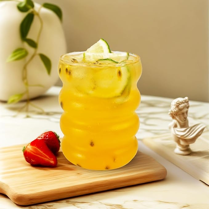 Ribbed Glass Cup 10 Oz Vintage Drinking Glassware Creative Small Ripple Glasses for Iced Coffee Juice Beverage Milk Cocktail Cute Wavy Glass Cups