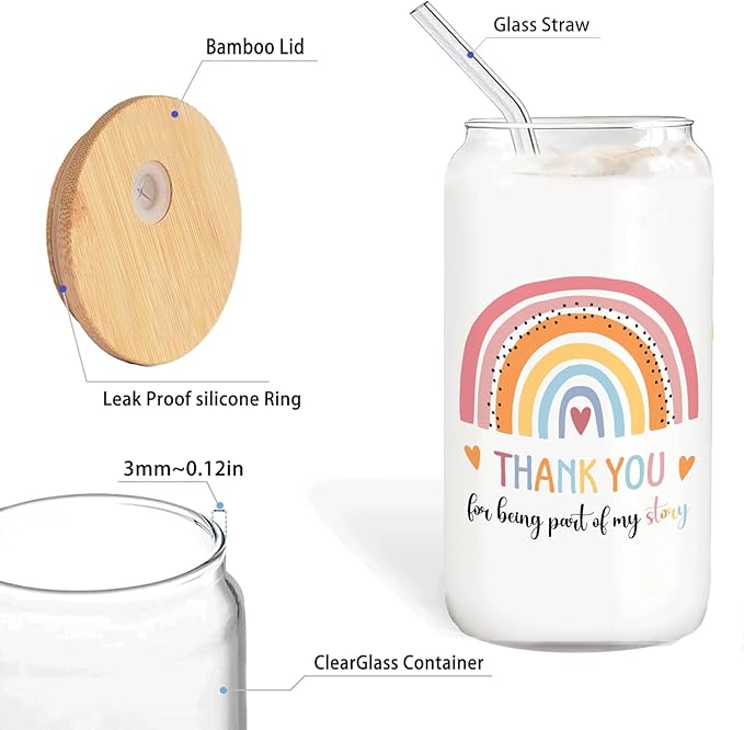 Boho Rainbow Teacher Glass Cup with Lids and Straws 14oz, Teacher Appreciation Gifts, Best Teachers Gifts for Women Glass Iced Coffee Tumbler Drinking Jars with Cleaning Brush