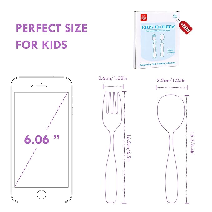 Lehoo Castle 6 Pieces Toddler Utensils, Kids Silverware for 2 3 4 Years Old, Stainless Steel Fork and Spoon Set with Plastic Handle, Safe Toddler Cutlery (Pink&Purple)