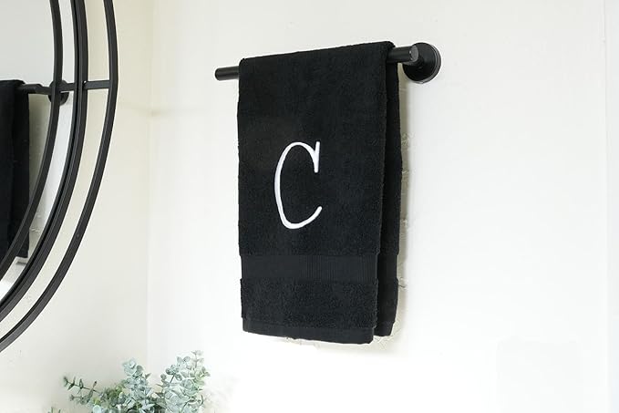 Black Initial Hand Towel for Bathroom - Monogrammed Luxury Hotel Quality Decorative Embroidered Towel for Powder Room, Spa - GOTS Organic Certified - Pack of 2 - Letter C