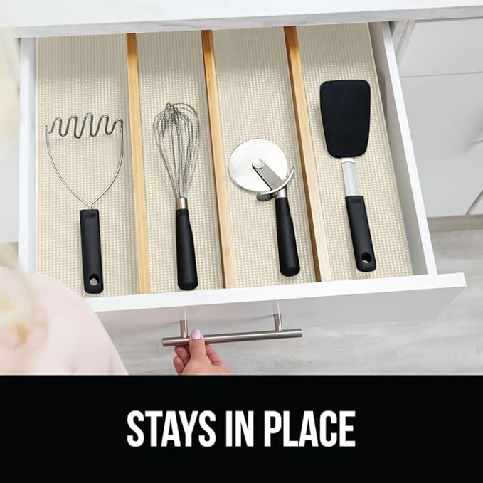 GORILLA GRIP powerGRIP Drawer Shelf and Cabinet Liner, Thick Strong Hold, Non-Adhesive Liners Protect Kitchen Cabinets and Cupboard, Bathroom Drawers, Easy Install, Breathable Mat, 17.5" x30', Cream