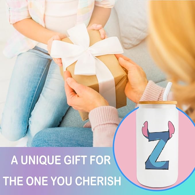 Cute Cartoon Lover Gifts Initial A-Z Personalized Iced Coffee Cup Cartoon Merch 16oz Glass Cup with Lid and Straws Birthday Christmas Gifts for Women Teen Girls Fans (Letter Z)