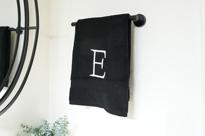 Black Monogram Hand Towel for Bathroom - Monogrammed Initial Hotel Quality Decorative Embroidered Luxury Towel for Powder Room, Spa - GOTS Organic Certified - Pack of 2 - Letter E