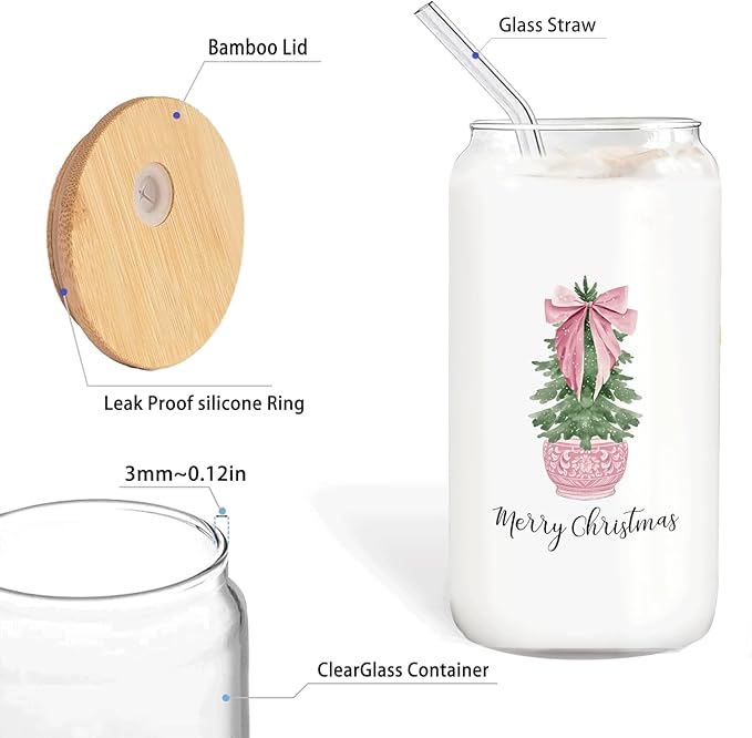 Chinoiserie Coquette Christmas Tree Glass Coffee Cup With Lid And Straws 14oz - Merry Christmas Pink Bow Drinking Jar Gifts For Women Kids Men,Glass Cup For Pink Xmas Decor