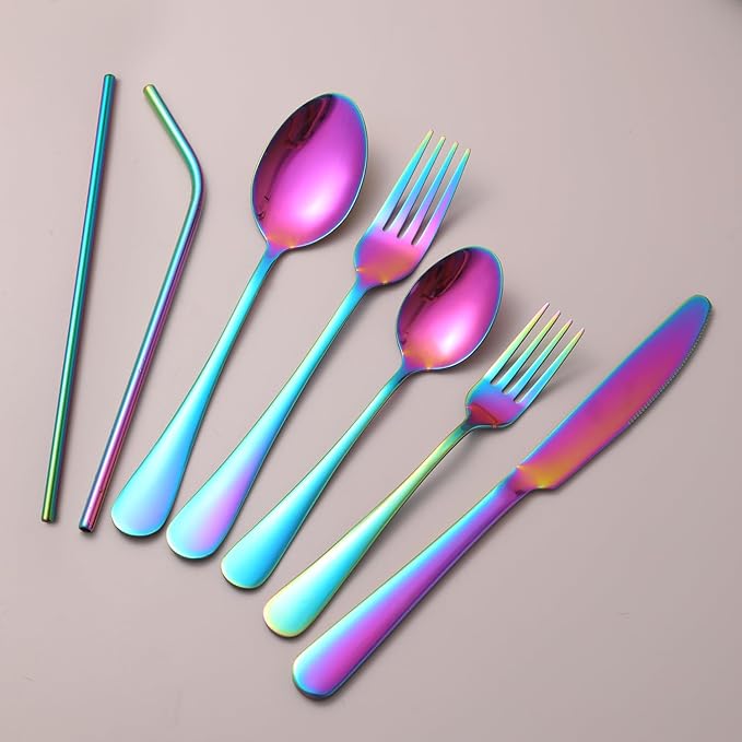 56 Pieces Mirror Rainbow Silverware Service for 8 Flatware Set Stainless Steel Utensils Cutlery Set Dishwasher Safe