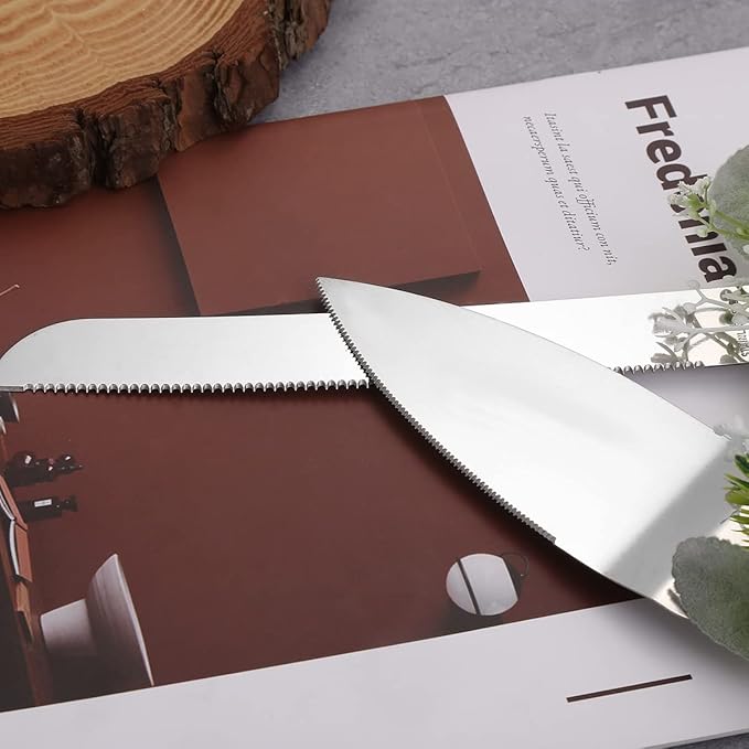 TANG SONG Rustic Style Stainless Steel Wedding Cake Knife and Serving Set Resin Plastic Handle with Artificial Green Leaf shape Design