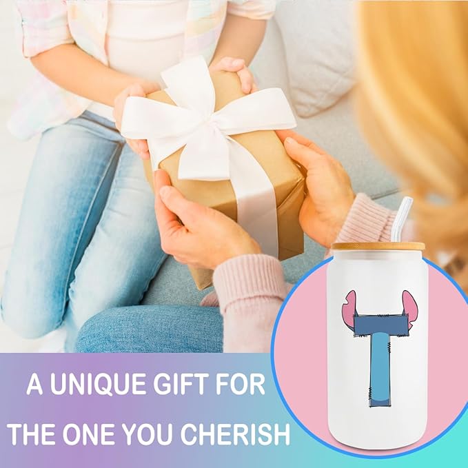 Cute Cartoon Lover Gifts Initial A-Z Personalized Iced Coffee Cup Cartoon Merch 16oz Glass Cup with Lid and Straws Birthday Christmas Gifts for Women Teen Girls Fans (Letter T)