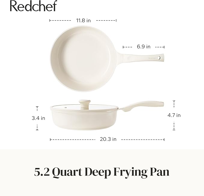 Redchef Ceramic Frying Pan with Glass Lid, Nonstick Deep Saute Pan for All Stovetops, Healthy Cooking Pan, Ergonomic Handle, Fast Even Heating, Splatter Prevention, Oven Safe, Beige (5.2Qt, 12")