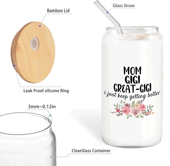 Christmas Grandma Gifts For Mom Gigi Great Gigi Glass Coffee Cup With Lid And Straws 14oz - christmas Glass Cup gifts For Grandmother
