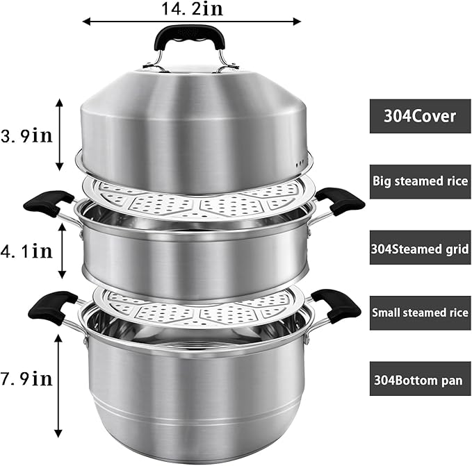 MANO Steamer Pot for Cooking 14.2 inch Steam Pots with Lid 2-tier Stainless Steel Steaming Pot Multipurpose Cookware with Handle for Vegetable, Dumpling, Stock, Sauce, Food…