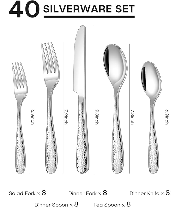 Hammered Silverware Set, Ollex 40-Piece Flatware Set for 8 Mirror Finish Stainless Steel Eating Utensils Sets Include Forks Spoons and Knives Tableware Kitchen Cutlery Sets, Dishwasher Safe