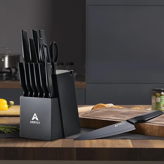 Knife Set with Block - Kitchen Knife Set German High-Carbon Steel - 15-Piece with Built-in Sharpener & Dishwasher Safe - Ergonomic Anti-Slip Handles,Black,Gift Box Included