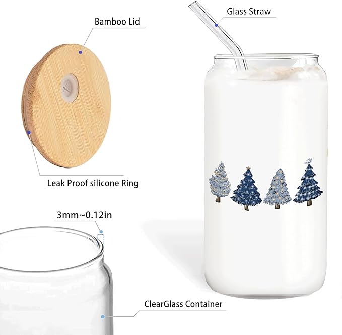 Blue Christmas Tree gifts Glass Coffee Cup With Lid And Straws 14oz - Merry Christmas Drinking Jar Gift For Women Kids Men,Glass Cup For Blue Xmas Decor