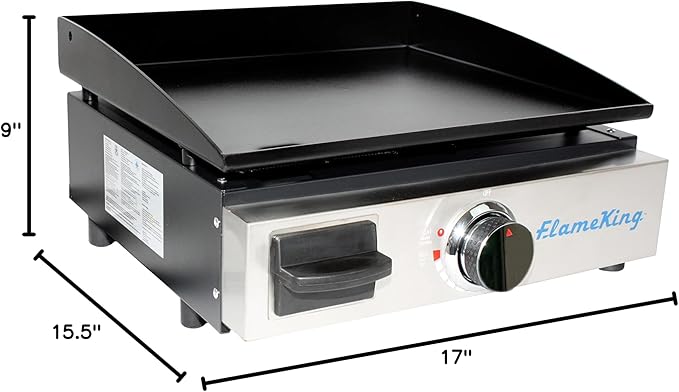 Flame King 17-inch Flat Top Griddle for BBQ Grill w/Regulator, Propane Gas Griddle for RV Pullout Kitchen