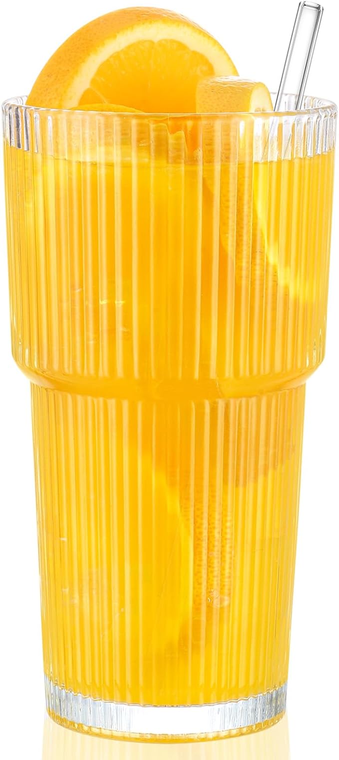 20 oz Glass Cup and Straw, Glass Tumbler with Straw, Vintage Glassware for Whiskey Cocktail Beer, Iced Coffee Cups (1 PACK)
