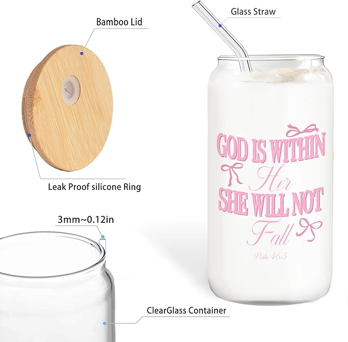 Coquette Pink Bow Christian Glass Cup with Lids and Straws 14oz, Bible Verse Gifts, God is Within Her She Will Not fall Scripture Glass Coffee Tumbler Drinking Jars with Cleaning Brush