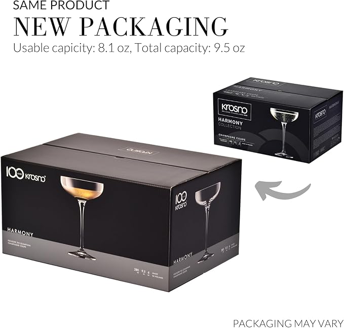 Krosno Champagne Coupes & Glasses | Set of 6 | 8.1 oz | Harmony Collection | Perfect for Home, Restaurants and Parties | Prosecco Glass | Dishwasher Safe | Lead-Free Crystal Glass