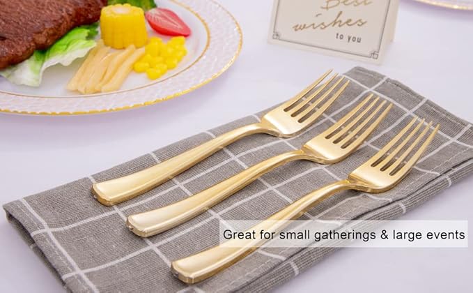 Liacere 200pcs Gold Plastic Forks - Heavyweight - 7.4 Inch Heavy Duty Forks - Gold Plastic Silverware Perfect For Parties & Weddings & Restaurants & New Year And Daily Using&Christmas&New Year