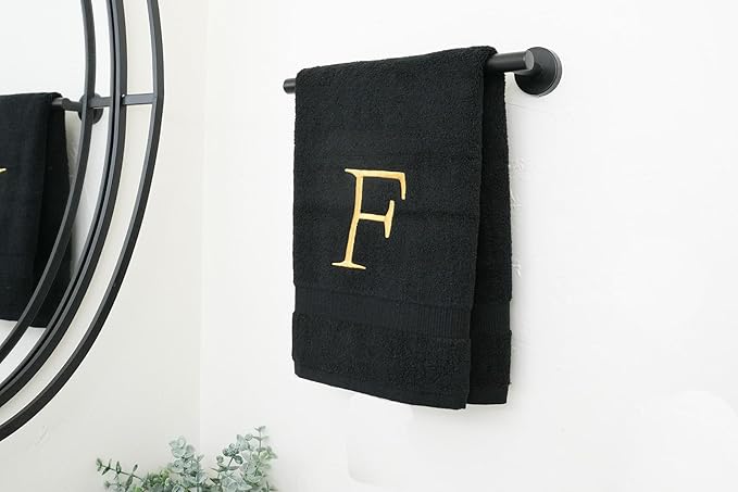 Black Monogrammed Hand Towel for Bathroom - Initial Hotel Quality Decorative Embroidered Luxury Towel for Powder Room, Spa - GOTS Organic Certified - Pack of 2 - Letter F