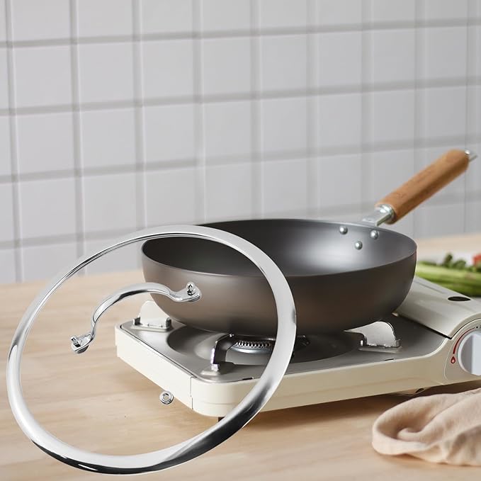 Woogim 10.5 Inch Thickened Tempered Glass Lid with Ergonomic Stainless Steel Grip,Dishwasher Safe and Oven Up to 480℉,Wide Edge Cover for Frying Pans,Sauce Pots & Woks