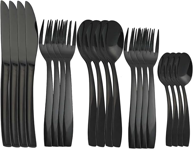 Black 20 Piece Silverware Set,Stainless Steel Flatware Set for 4,18/0 Rust-Proof Cutlery Set with Forks & Spoons,Mirror Polished Dishwasher Safe - Heavy Duty Tableware for Home & Dining