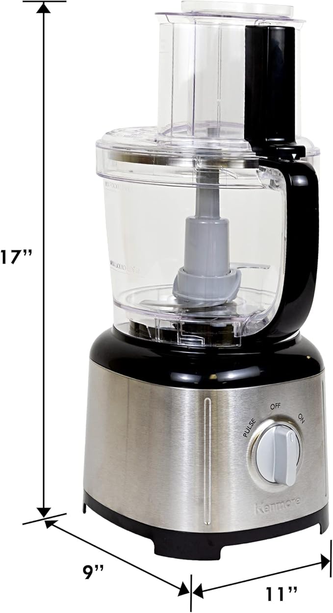 Kenmore 11 Cup Food Processor - Vegetable & Fruit Salad Cutter, Multifunctional, Chopper, Clicer, Mincer, Puree, Grater, Blades, Shredder, Compact Stainless Steel Kitchen Appliances, 500 W Black