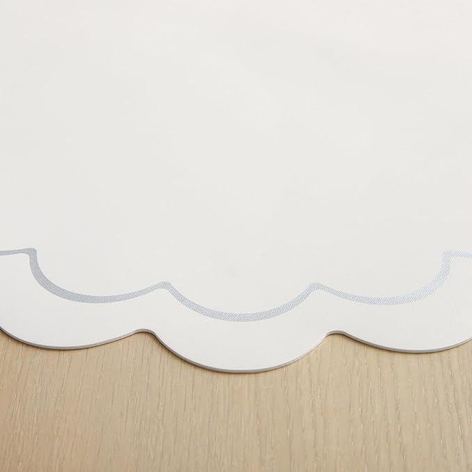 Kate Spade New York Scallop Edge Round Reversible Placemats 6-Pack Set, Imitation Leather with Metallic Print, Water Resistant, Easy Wipe Clean, White/Silver, 15" Round