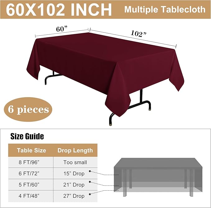 sancua 6 Pack Burgundy Tablecloth 60 x 102 Inch, Rectangle Table Cloth for 6 Feet Tables - Stain and Wrinkle Resistant Washable Polyester Table Cover for Dining Tables, Buffet Parties and Camping