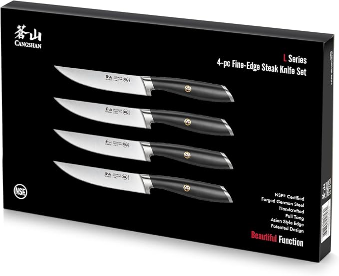 Cangshan L Series 4-Piece Fine-Edge Steak Knife Set, Forged German Steel, Black, 1026931