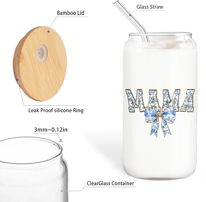 Blue Bow Mama Glass Cup with Lids and Straws 14oz, Best Mother's Day Birthday Gifts for Mama Mom Gifts from Daughters Sons Glass Iced Coffee Tumbler Drinking Jars with Cleaning Brush