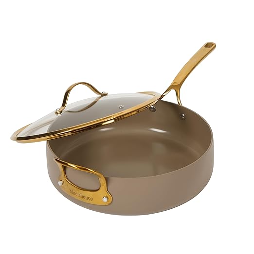 Bloomhouse - Two Time Oprah's Favorite Things Winner - 6 QT Heavy Duty Aluminum Premium PFA Free Ceramic Nonstick Saute/Deep Frying Pan Skillet with Lid - Cappuccino Cream with Gold Handle
