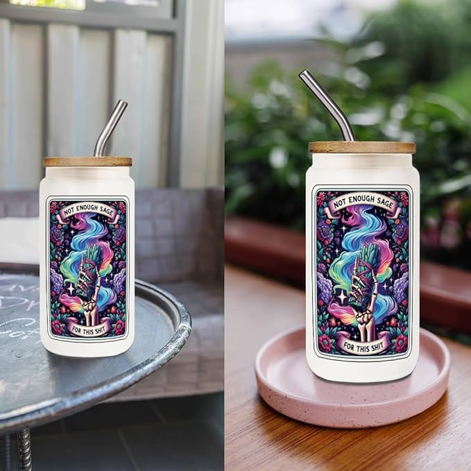 FALJIOK Skeleton Tarot Card 16 oz Glass Cups with Lids Straws, Witchy Gifts for Women, Gothic Gifts, Spooky Skeleton Birthday Gift for Witchy Friends, Halloween Skull Tumbler