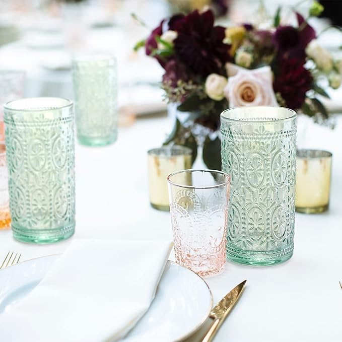 Green Drinking Glasses Set of 4, Vintage Drinking Glasses, Colored Glassware Drinking, Highball Beverage Glasses Cup, Vintage Glassware Set for Water, Juice, Cocktail, Coffee