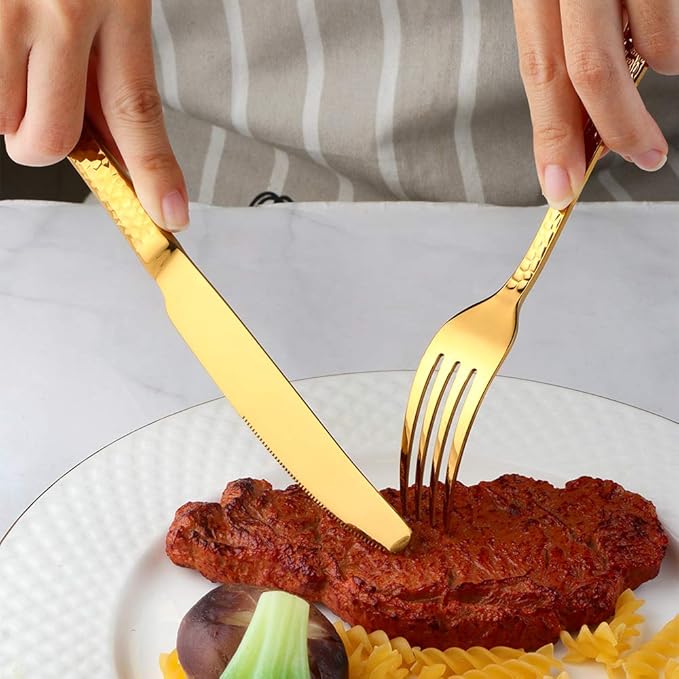 Buyer Star 12 Pieces Hammered Dinner Forks Set, 7.9 Inch Stainless Steel Forks,Table Forks,Flatware Forks, Mirror Finish & Dishwasher Safe,Use for Home,Kitchen or Restaurant (Gold)