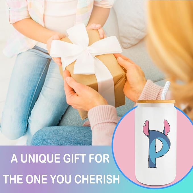 Cute Cartoon Lover Gifts Initial A-Z Personalized Iced Coffee Cup Cartoon Merch 16oz Glass Cup with Lid and Straws Birthday Christmas Gifts for Women Teen Girls Fans (Letter P)