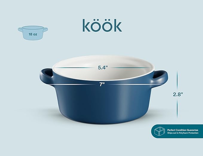 Kook Soup Crocks, Ceramic Stackable Bowls, Broil, Oven, Microwave and Dishwasher Safe, with Handles, For Casserole, Pasta, Cereal, Capacity 18 oz, Set of 4, (Matte Blue)
