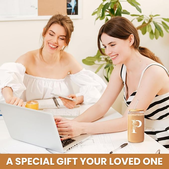 SANDJEST Monogrammed Gifts for Women - Monogram P Initial Glass Cup 16 Oz Can Coffee Cups with Lid and Straw - Monogram Initials Gifts for Womens on Birthday