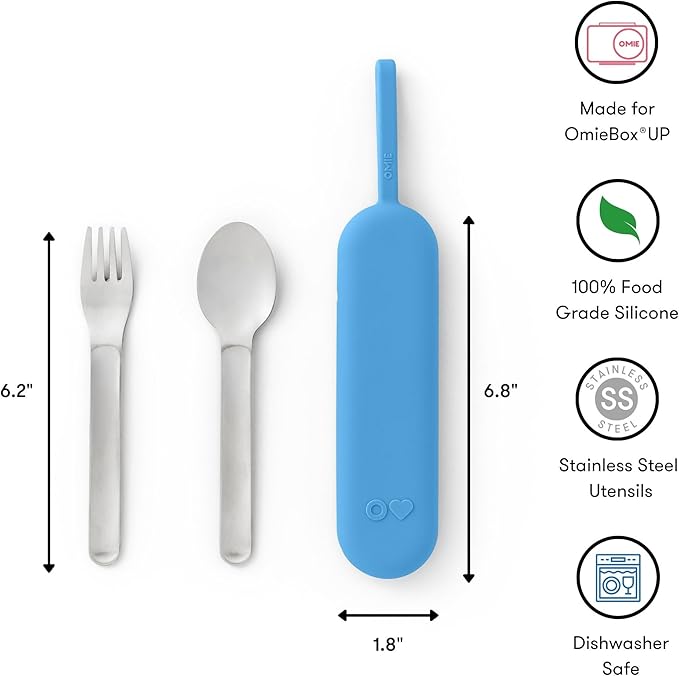 Omie OmieBox Travel Utensil Set | Fork and Spoon with Case for Easy Travel | Stainless Steel Fork and Spoon (Blue)