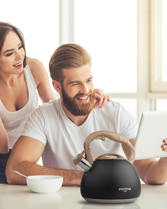 POLIVIAR Tea Kettle, Black Ti Stovetop Tea Kettle 2.7 Quart , Audible Whistling Teapot, Food Grade Stainless Steel for Anti-Rust and Anti Hot Handle, Suitable for All Heat Sources (JX2018-WB20)