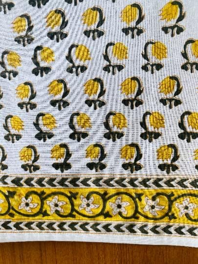 Ridhi Vintage Yellow Hand Block Print Cotton Rectangle Tablecloth 102" x 48" inches Reusable Table Cover Decorative Everyday Use for Dining Room, Farmhouse, Home, Party, Festive & Wedding, Fall