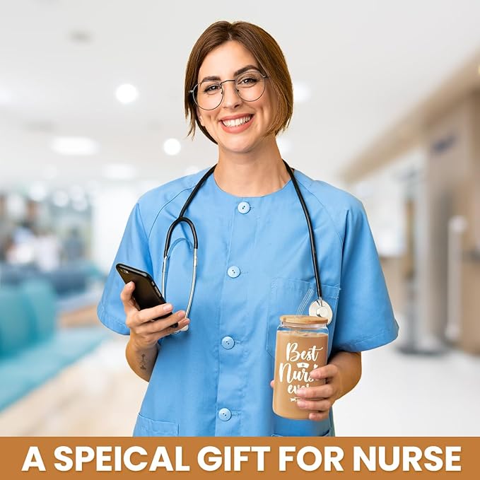 SANDJEST Nurse Cup 16 Oz Glass Can with Bamboo Lid and Straw - Nurse Gifts for Women - Appreciation Nursing Gifts for Female on Birthday