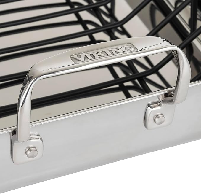 Viking 3-Ply Stainless Steel Roasting Pan with Non Stick Rack, 16 x 13 Inch Kitchen Cookware, Great for Turkey, Includes Probe Thermometer, Dishwasher and Oven Safe, Induction Ready, Silver