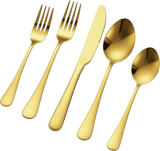 VEVOR 60-Piece Gold Silverware Set, Food-Grade Stainless Steel Flatware Utensils for 12, Mirror Finished Cutlery Set, Dishwasher Safe Eating Tableware for Kitchen Home, Include Knife Fork Spoon